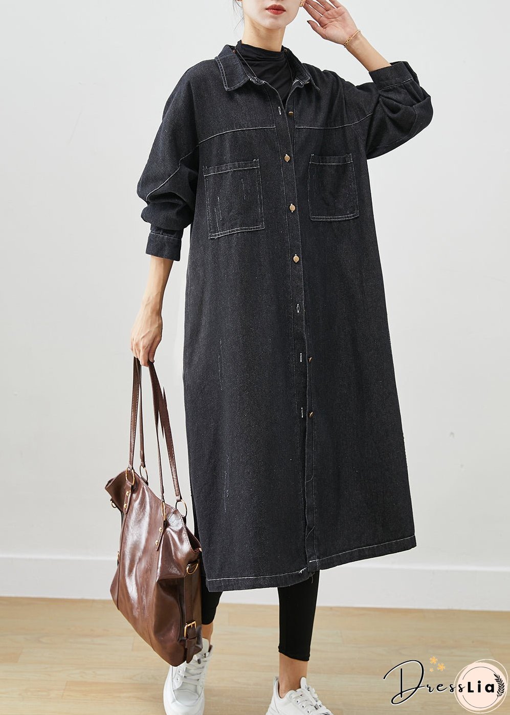 Plus Size Black Oversized Pockets Cotton Coats Fall