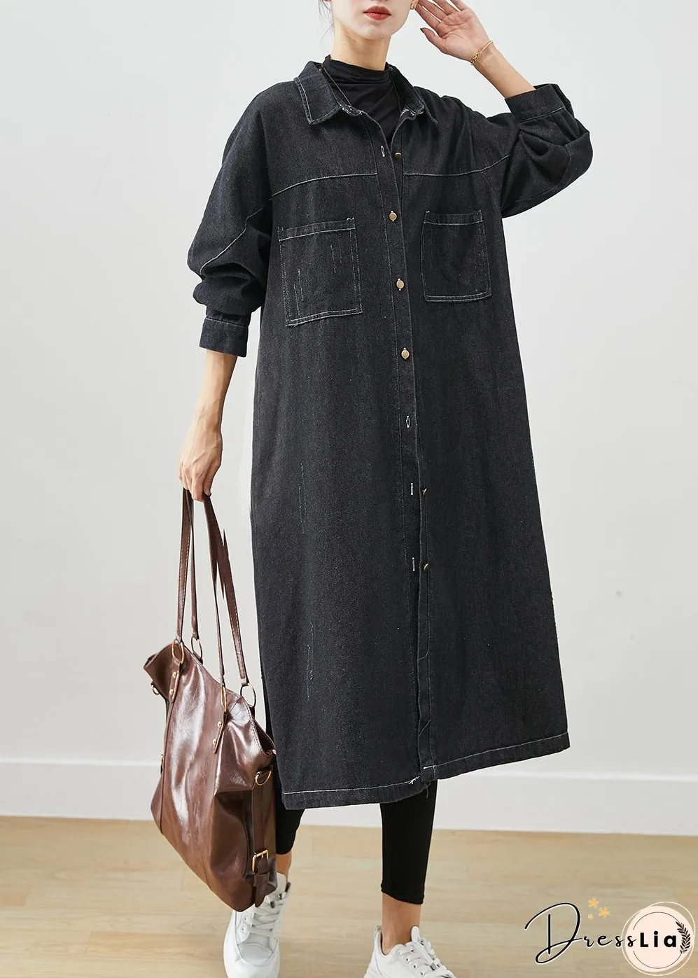 Plus Size Black Oversized Pockets Cotton Coats Fall