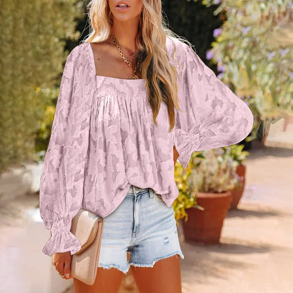 Women's Square Neck Ruffles Long Sleeves Tops Casual Loose