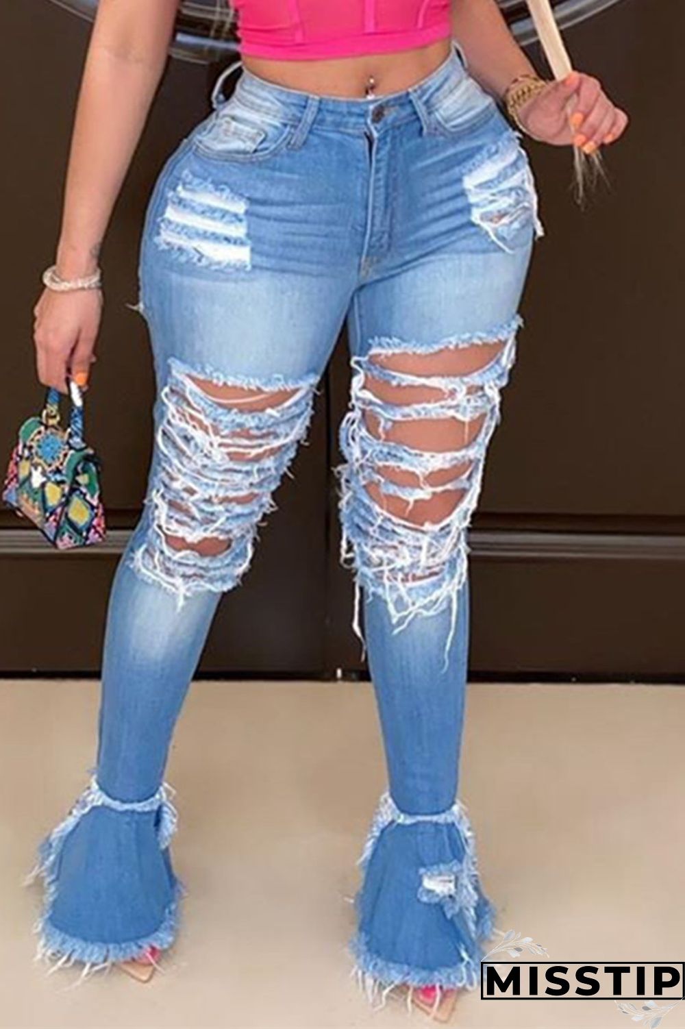 Dark Blue Fashion Casual Solid Ripped High Waist Boot Cut Denim Jeans
