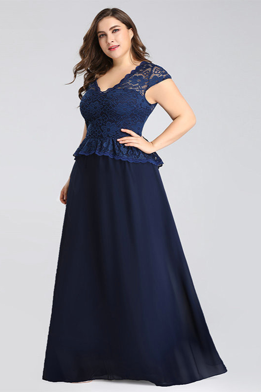 Glamorous Navy Blue Lace Long Plus Size Evening Gowns Online - lulusllly