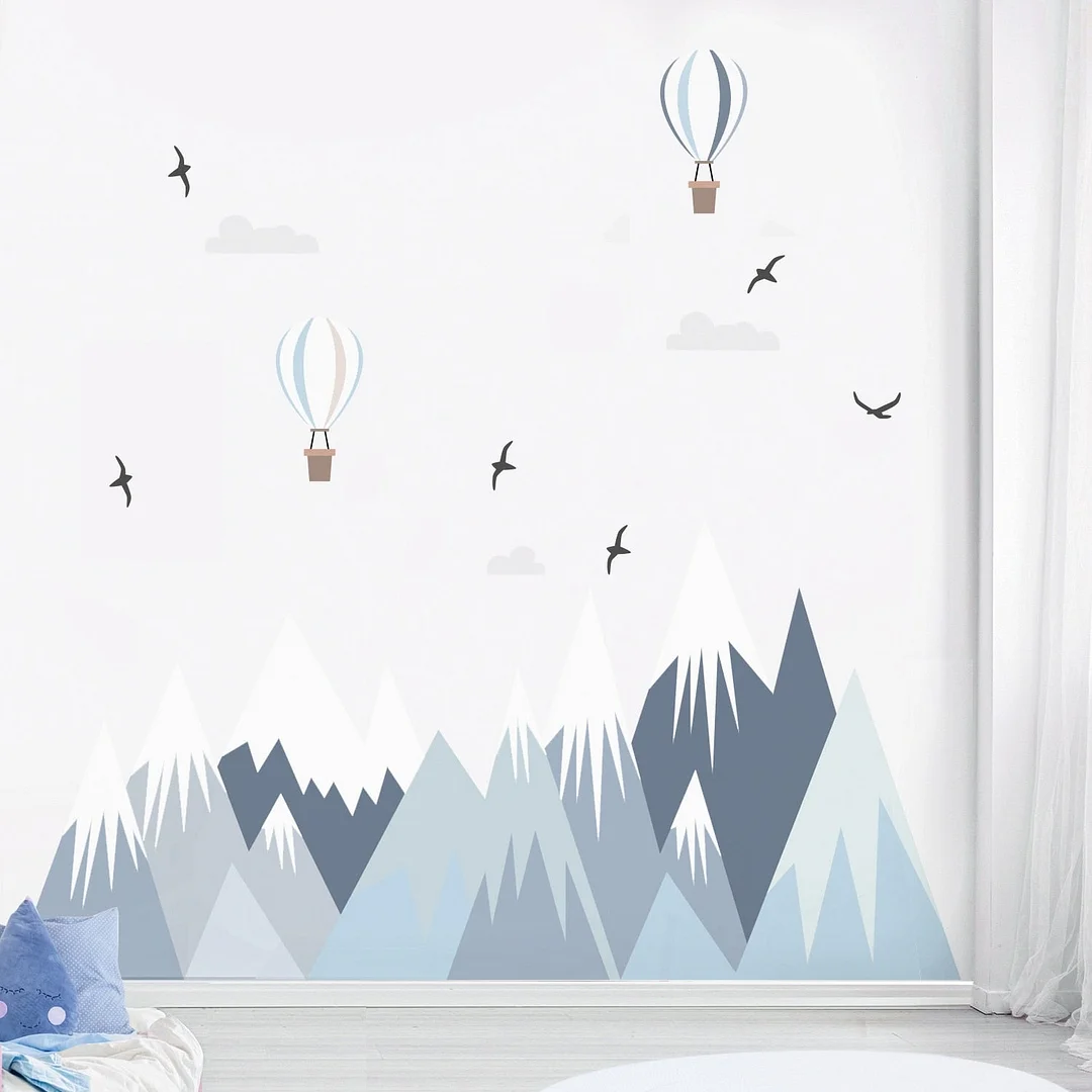Light Blue Hot Air Balloon Birds Mountain Wall Stickers for Kids Room Baby Boys Room Nordic Modern Self-Adhestive Fabric Mural
