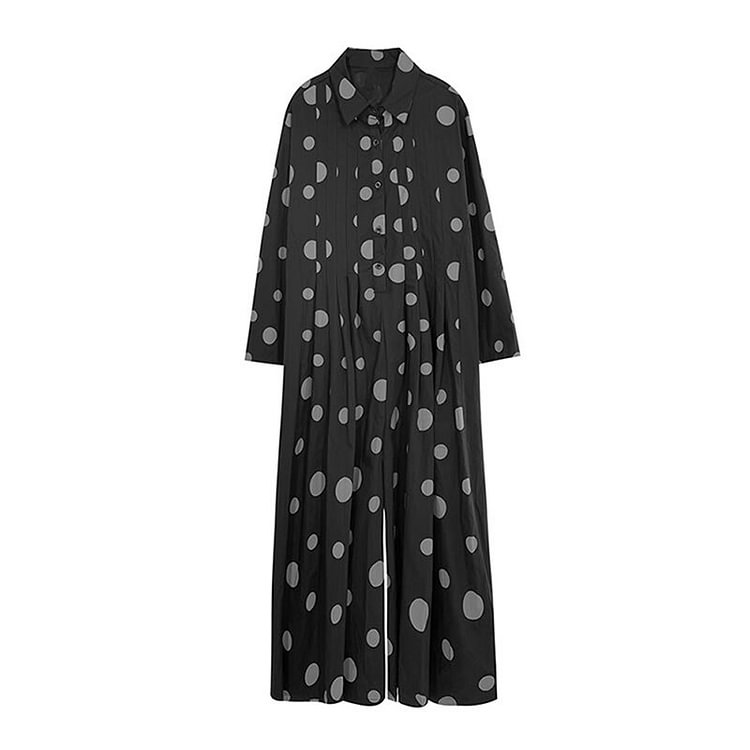 Design Loose Lapel Dots Printed Patchwork Pleated Long Sleeve Jumpsuit      