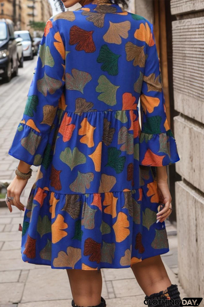 Casual Vintage Print Flounce V Neck Printed Dress Dresses