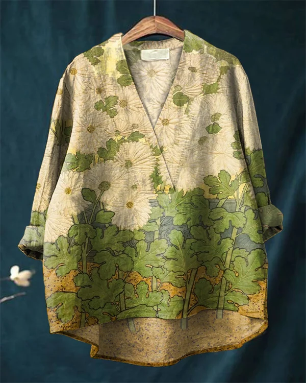 Japanese Chrysanthemums Print Loose V-Neck Cotton And Linen Shirt