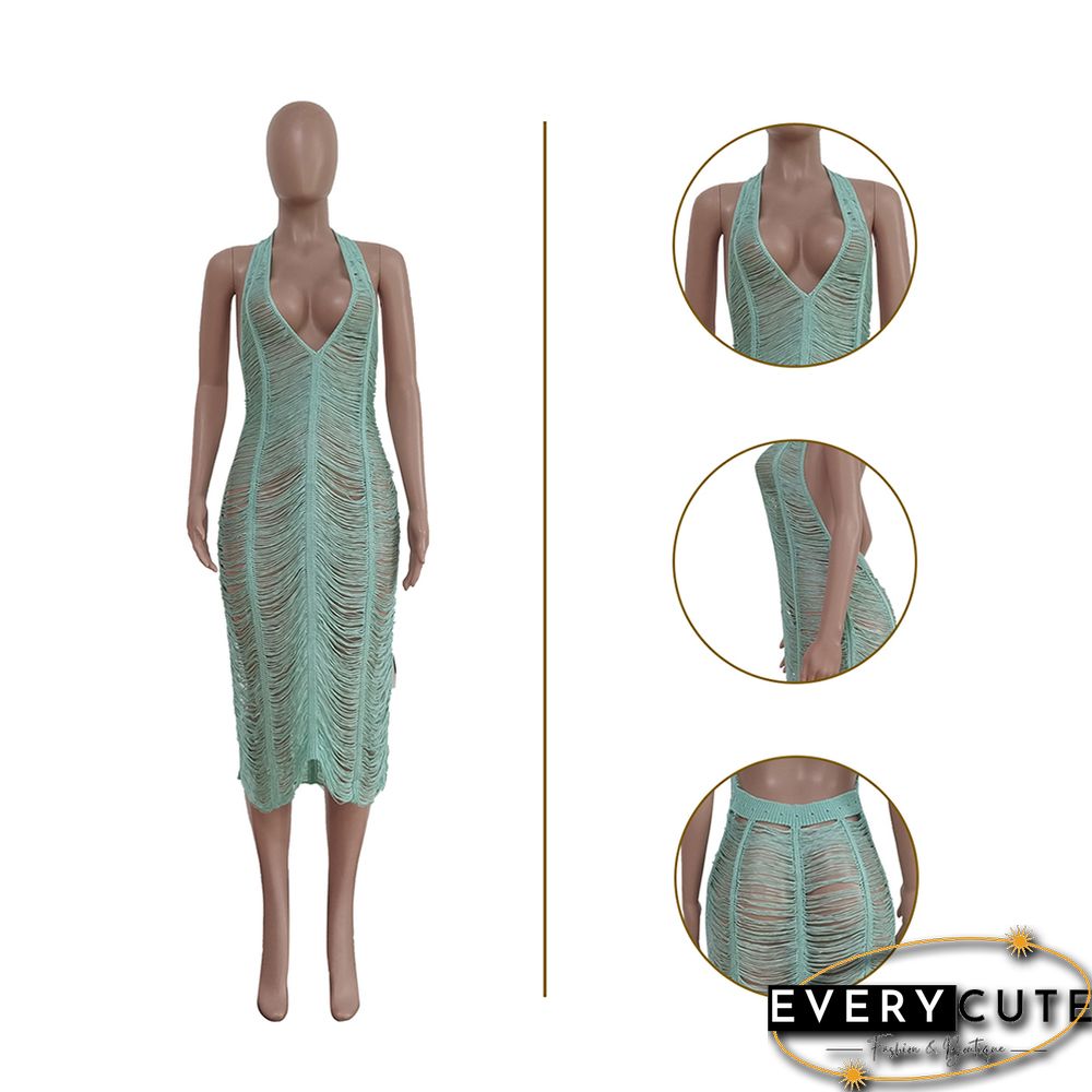 Light Blue Polyester Hollow Out Halter Beach Cover Dress