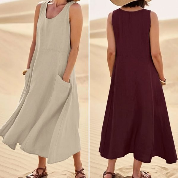 ZANZEA Women Summer Sleeveless Baggy Solid Color Kleid Long Dress Holiday Loose Dresses - BlackFridayBuys
