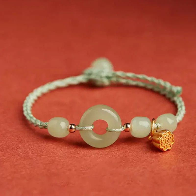 Round Peace Buckle Jade Lotus Happiness Abundance Wealth String Bracelet