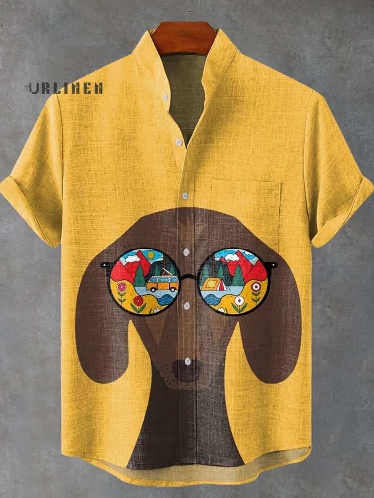 Fun Sunglasses Puppy Vintage Print Casual 100% Cotton Shirt