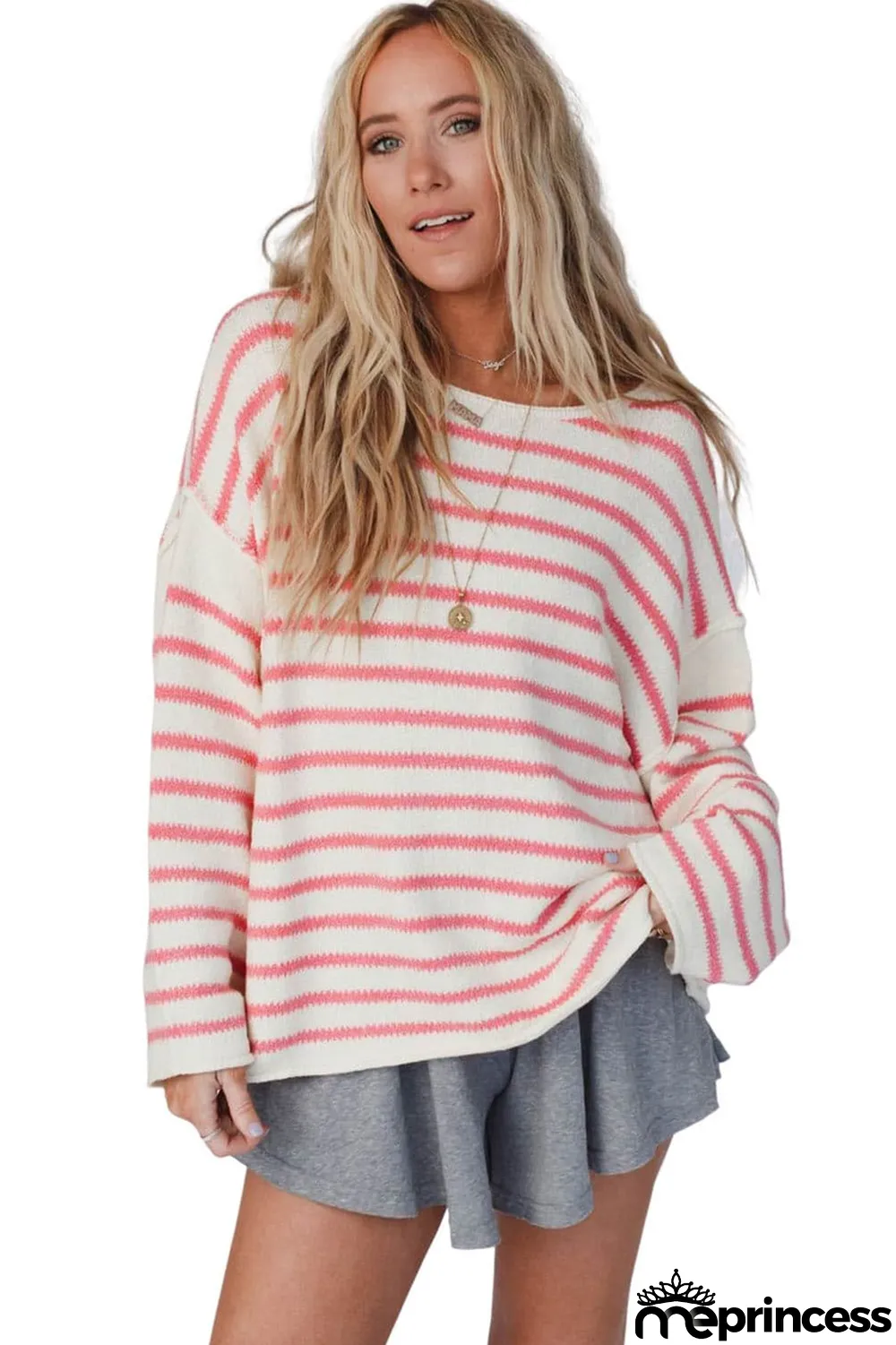 Pink Striped Drop Shoulder Oversized Sweater