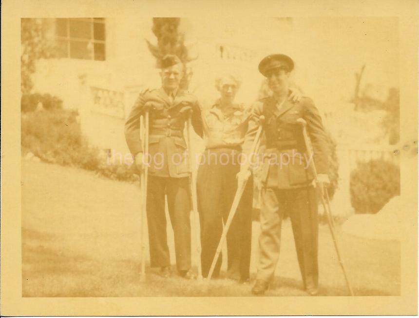 FOUND Photo Poster painting Color MILITARY MEN ON CRUTCHES Original Portrait VINTAGE 12 8 WW