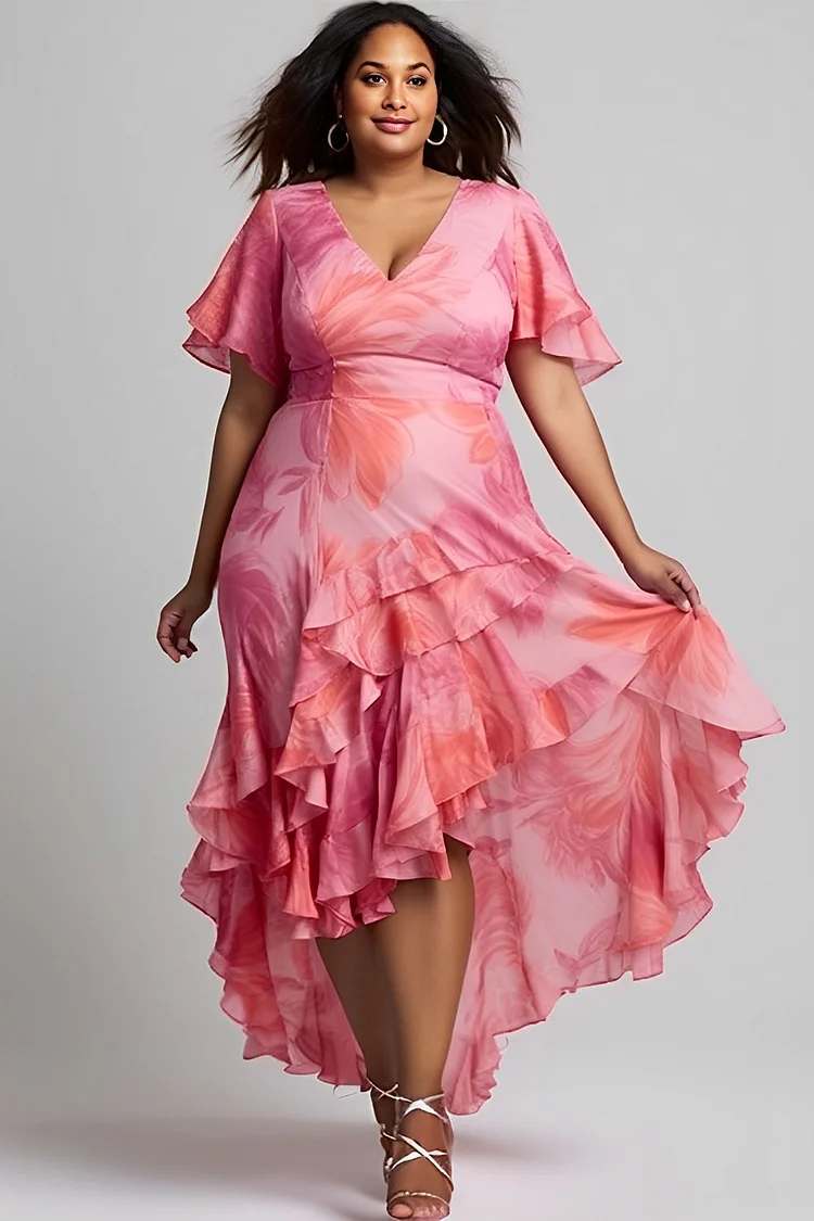 Xpluswear Design Plus Size Vacation Pink Floral V Neck Ruffle Chiffon Midi Dresses 