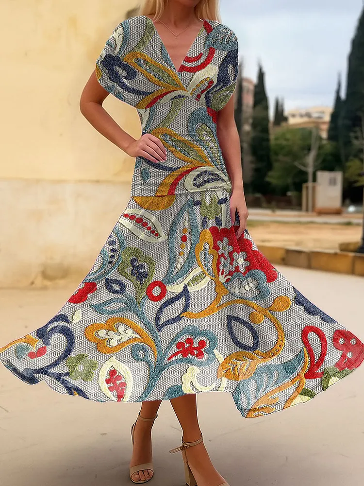 Women's Vintage Flower Art Print Flowy Casual Dress