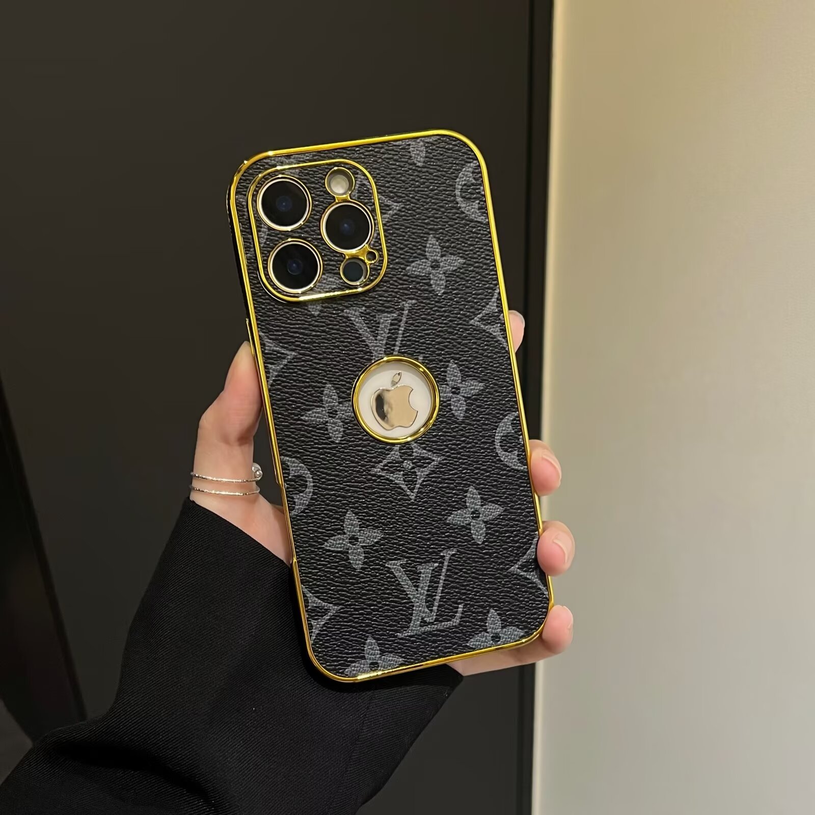 LV Electroplated Leather Monogram Canvas Checkerboard Apple iPhone Case