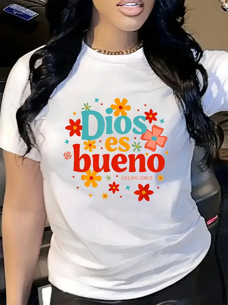 Women's Stylish Floral Letter Print Short Sleeve T-Shirt - "Dios Es Bueno" Design In Vibrant Colors, Casual Round Neck Tee For Spring/Summer/Fall, Playful Floral Pattern, Machine Washable, Comfortable Fit, Casual Wear Tee | Vibrant Color Shirt |