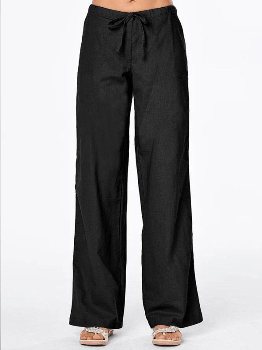 Women's Solid Colour Tie Casual Wide Leg Linen Pants