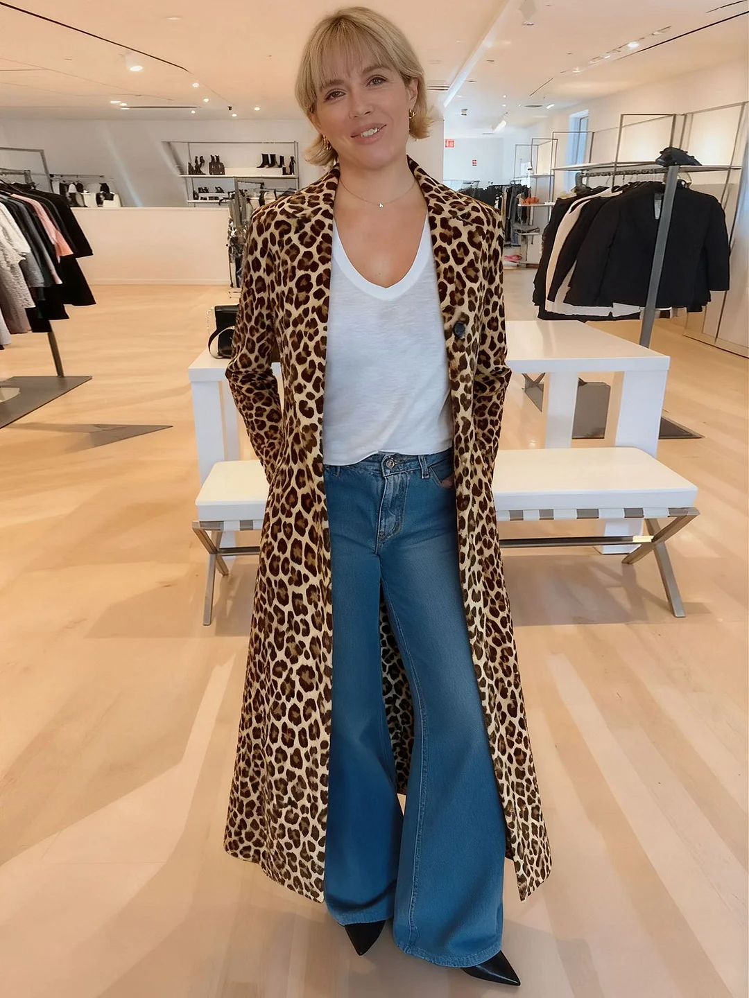 Athvotar Athvotar Autumn And Winter New Hot Women's Suit Collar Leopard Print Jacket Casual Long Wind Coat