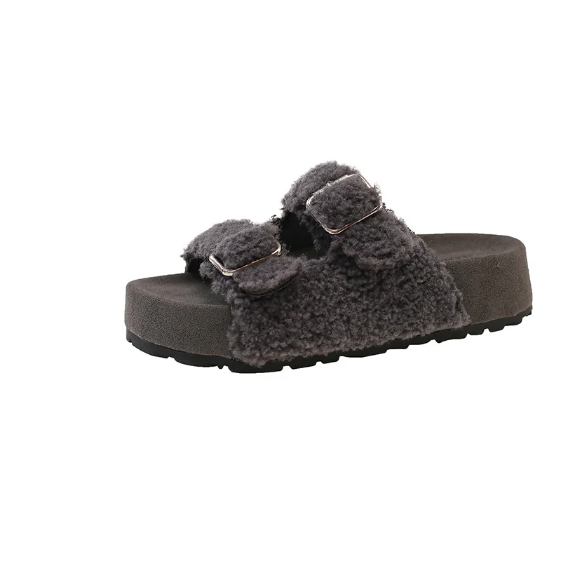 Yyvonne New Lamb Hairy Shoes Double Buckle Buckle Buckle Shoes Thick-Skin Pine Cake Word Sandals To Wear Slippers Women's Shoes