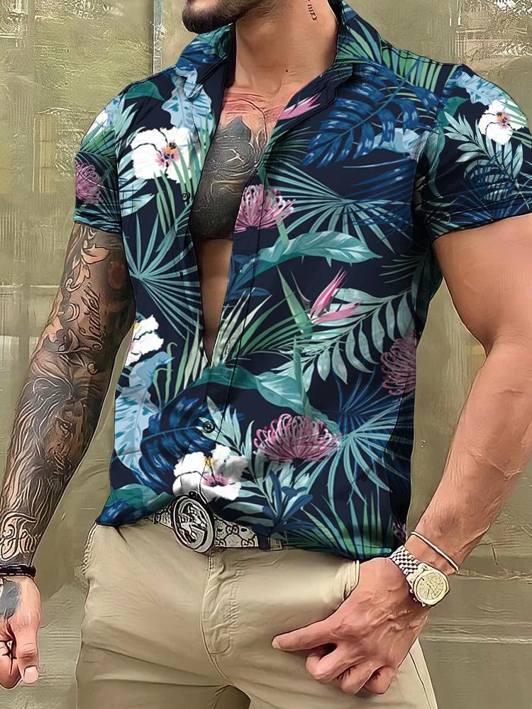 Casual Loose Hawaiian Leaf Print Men's Shirt at Hiphopee
