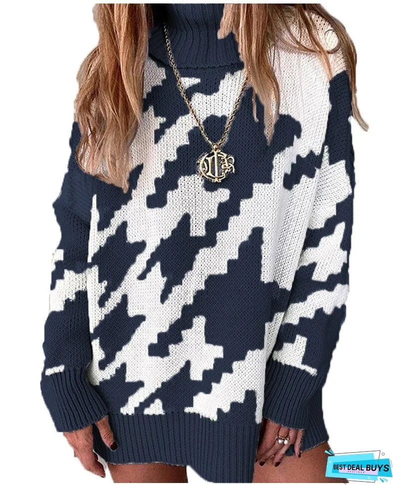 Thanksgiving Gift Autumn And Winter New Knitting Color Contrast Turtleneck Loose Women's Long Sleeve Sweater Casual All-Match Ladies Sweaters