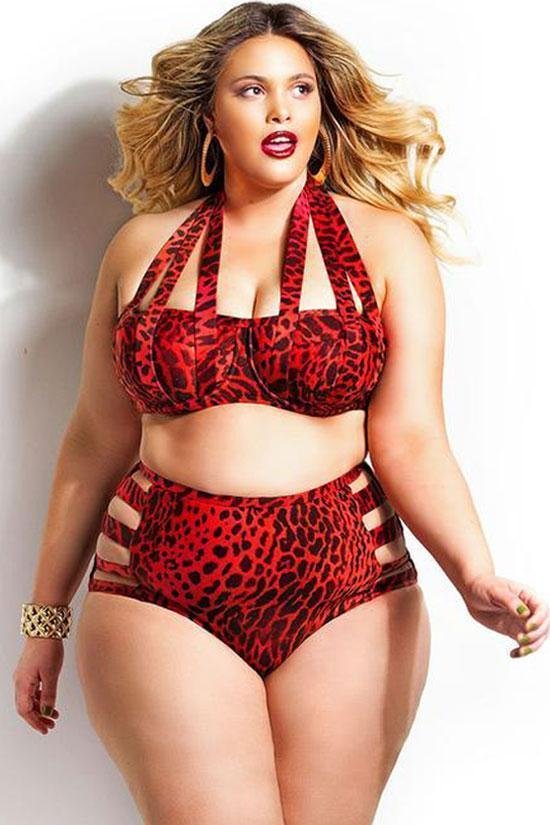 Plus Size Leopard Strappy Halter Bikini - Two Piece Swimsuit-elleschic