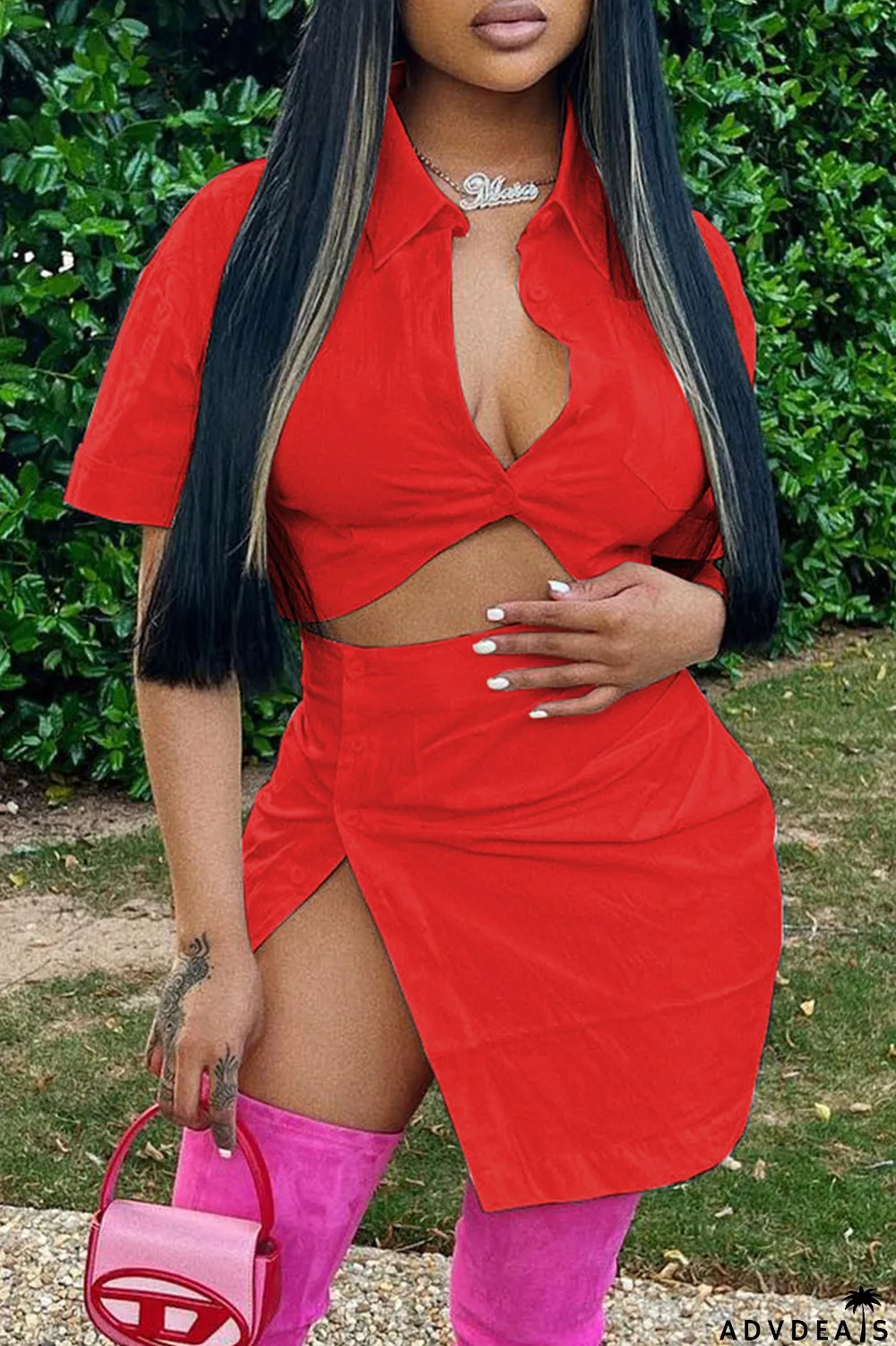 Red Fashion Casual Solid Split Joint Turndown Collar Short Sleeve Two Pieces