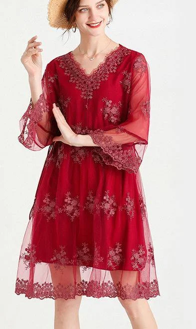 Elegant Mulberry V Neck Petal Sleeve Mini Summer Lace Dress