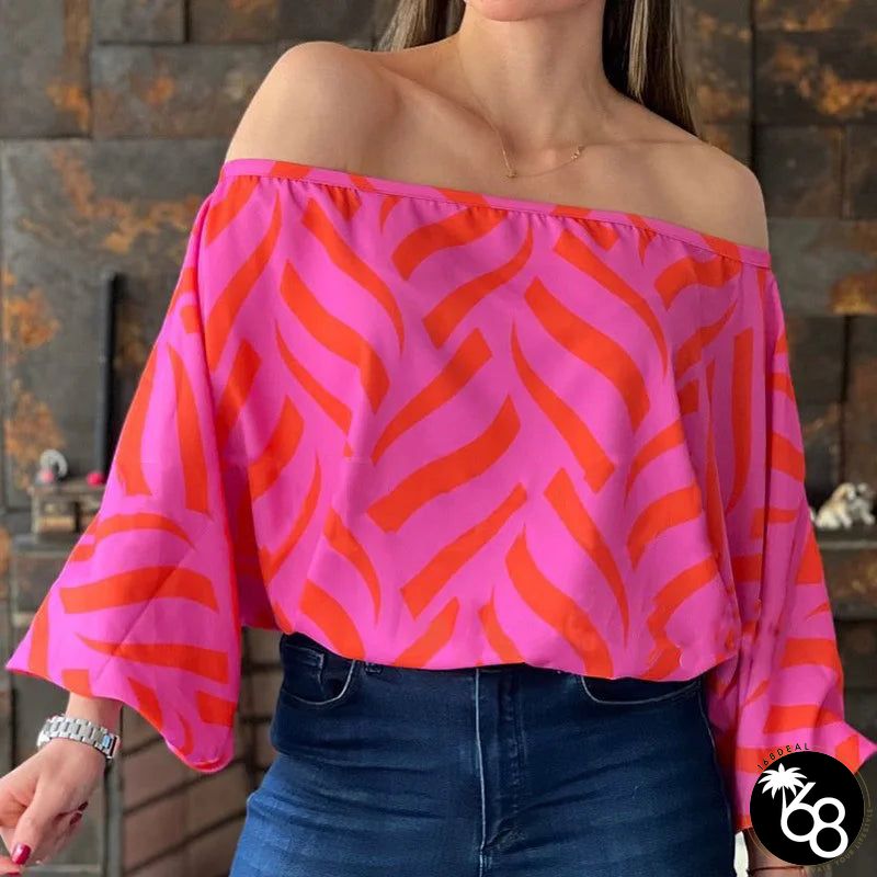 Women's Polyester Slash Neck Long Printed Pattern Casual Blouse | 168DEAL