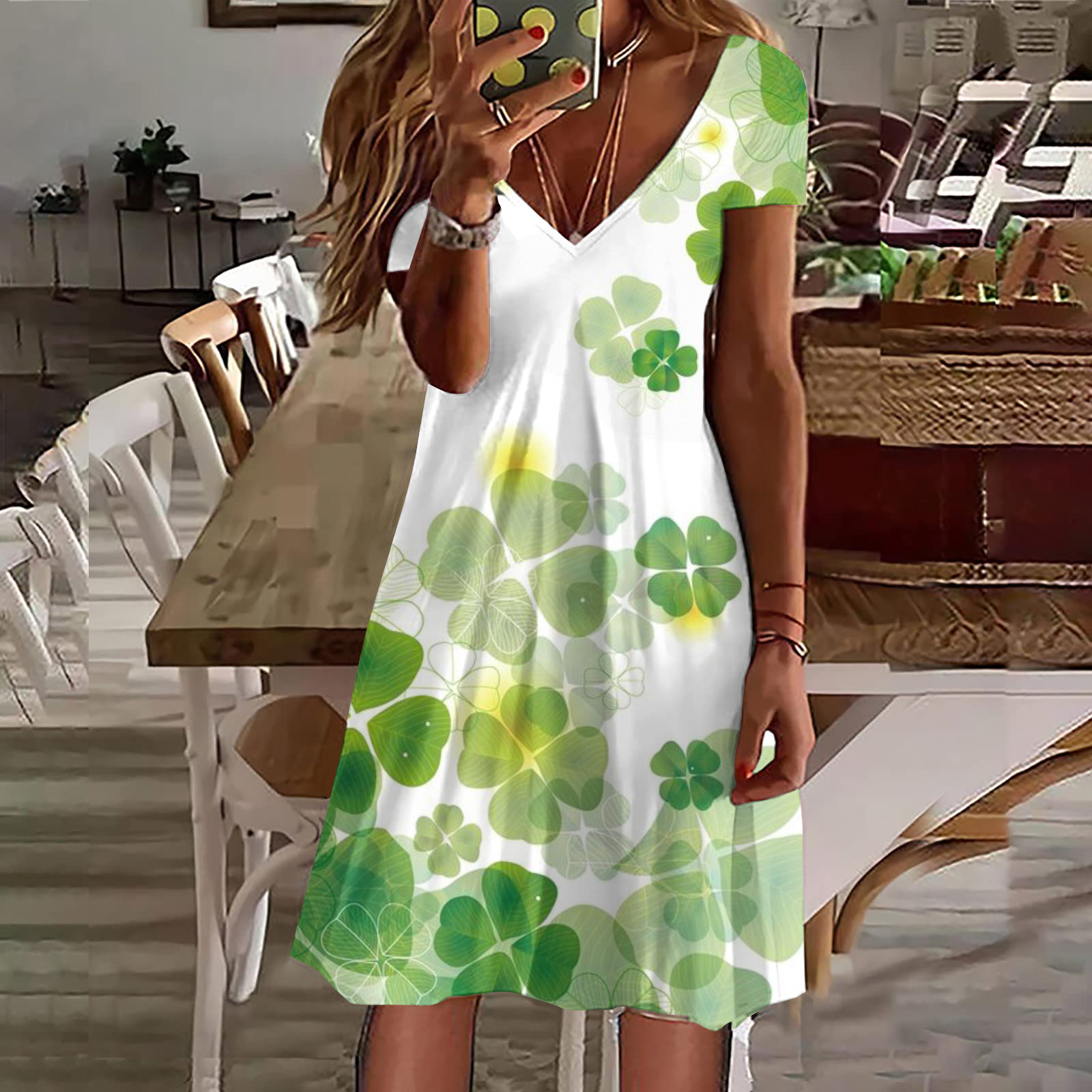 Trefoil Print Color Block V Neck Short Sleeve Mini Dress wearshes