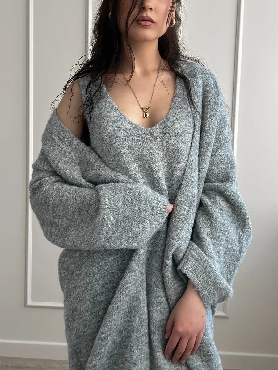 Athvotar Athvotar Autumn And Winter Hot Sweater Set Women Loose Long Version Thicker Cardigan + V Collar Vest Skirt