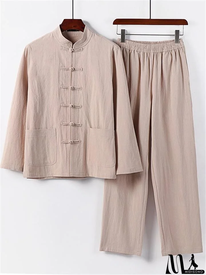 Retro Style Linen 2-Piece Outfit Button Collar Shirt + Full-Length Elastic Waistband Pants