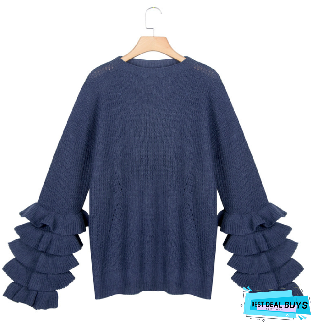 Fashionable Petal Sleeve Sweater Casual Solid Color Sweater