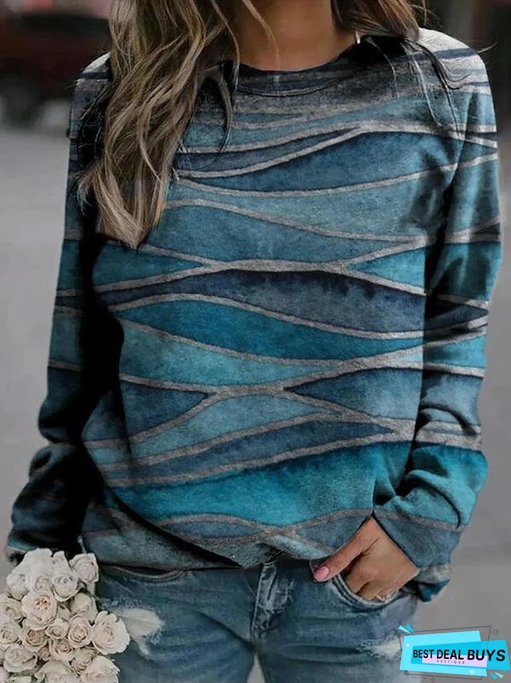 Women Casual Long Sleeve Abstract Wave Printed Crew Neck Sweatshirt