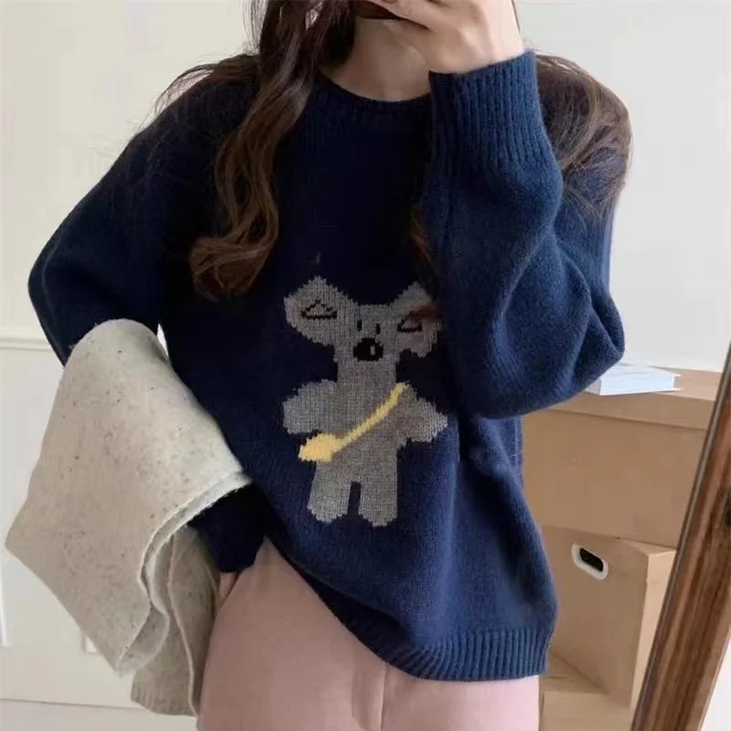 Churchf Churchf Shot 2024 Winter New Sweet Age Reduction Leisure Cartoon Embroidery Round Collar Inserted Shoulder Sleeve Sleeve Sweater Women
