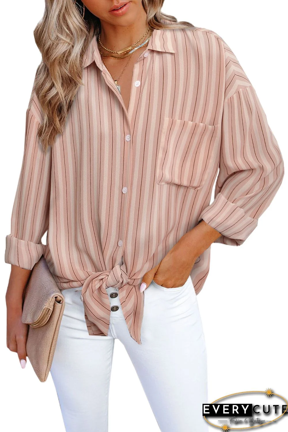 Pink Striped Buttons Closure Long Sleeve Shirt
