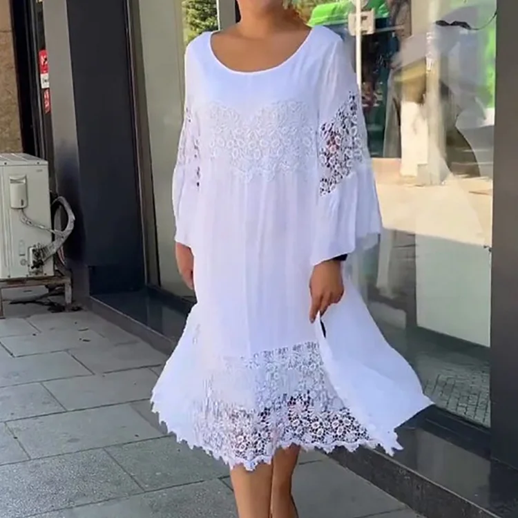 Embroidered Lace Stitching Party Hollow Round Neck Loose A-Line Midi Dress