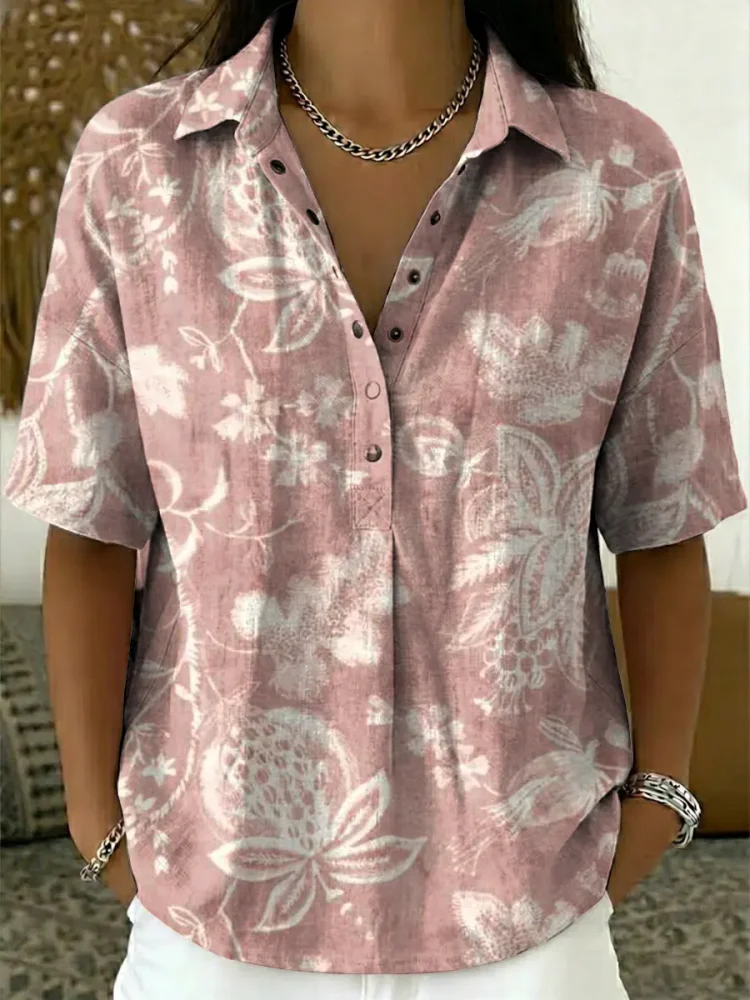 Women's Vintage Floral Pattern Art Print Casual Cotton Linen Shirt