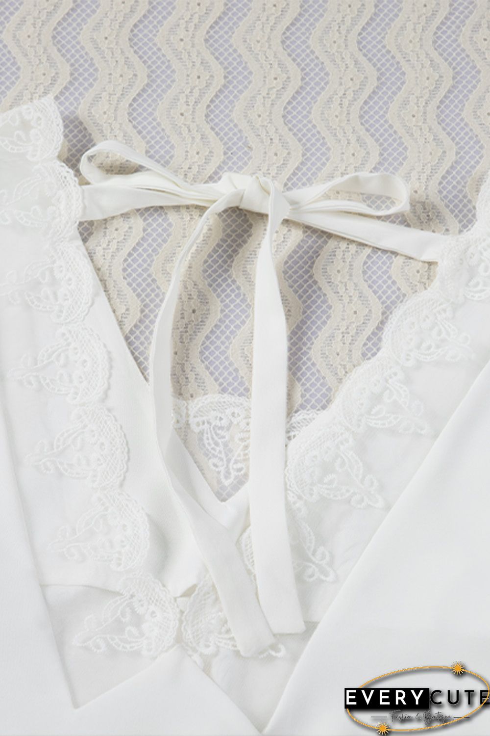 White Lace Patchwork Lace-up Backless V Neck Blouse