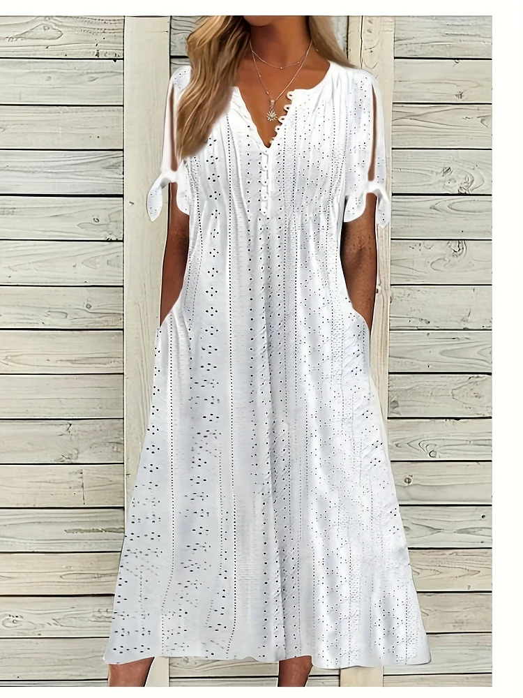 2025 Summer New Cross Border European And American Women's Dress With Holes, Hollow Out V-Neck, Lace Ruffle