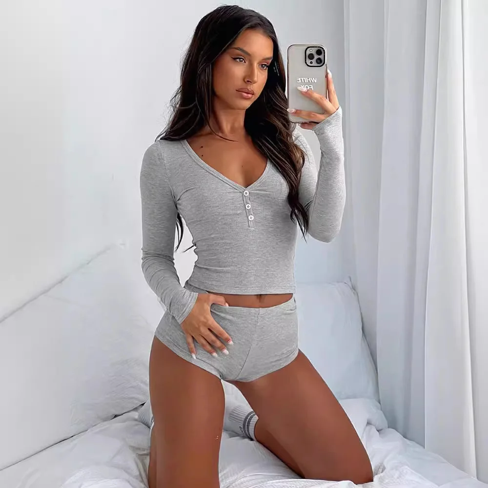 Uveng Uveng Women's Sexy Low Cut V-Neck Tight Long Sleeve Top Fashion Sporty Short Shorts Two-Piece Set
