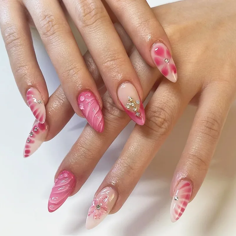 Lidudu French Press on Fake Nails with Flowers Designs Summer Blue Short Almond False Nails Wearable French Full Cover Press on Nails