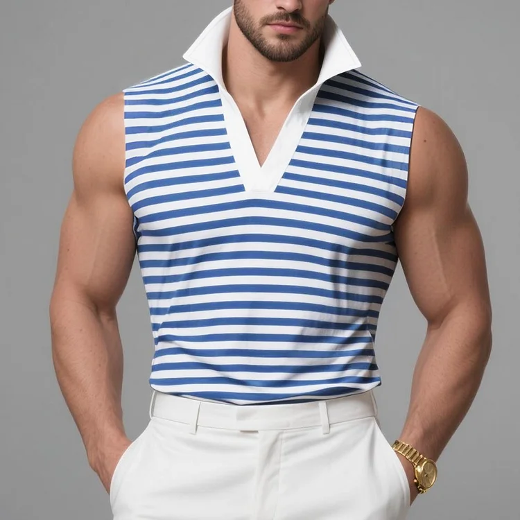Okaywear Blue And White Striped Turndown Collar Sleeveless Shirt 