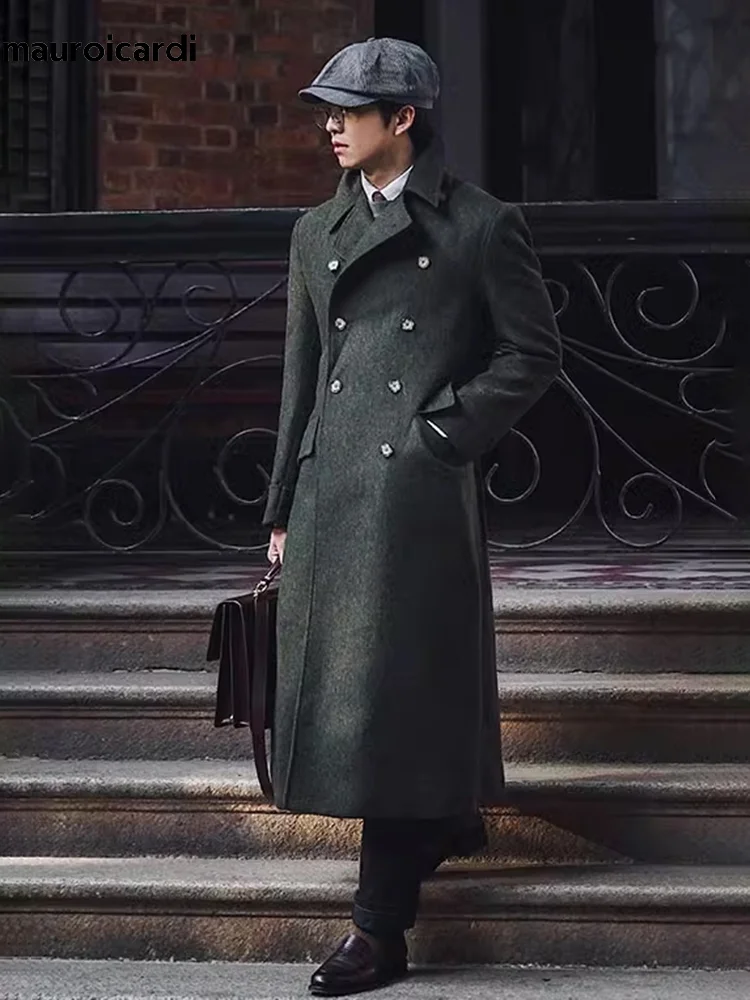 Aonga Autumn Winter Long Warm Green Polo Coat Men Double Breasted Cool Luxury Elegant England Style Wool Blends Overcoat aonga