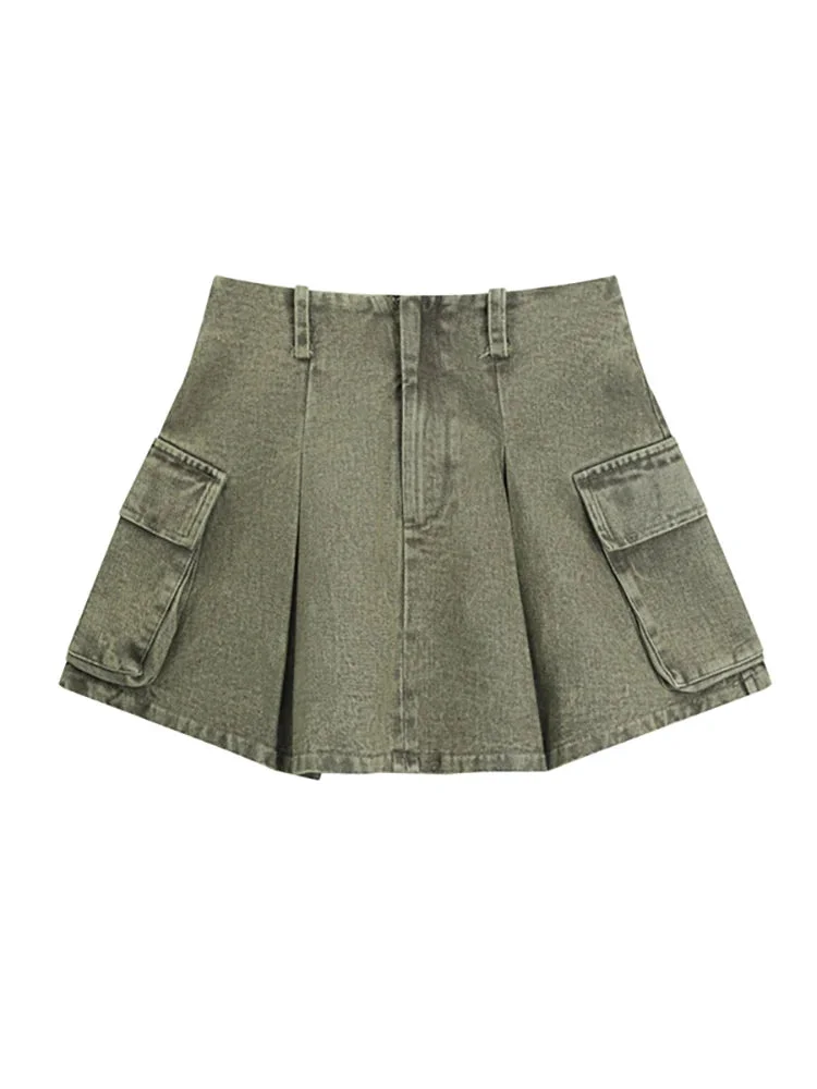 Huibahe Women's Denim Skirt Retro Wash Green Pleated Pockets High Waist Zipper Short Mini Skirt 2024 Summer New Fashion 29L2823