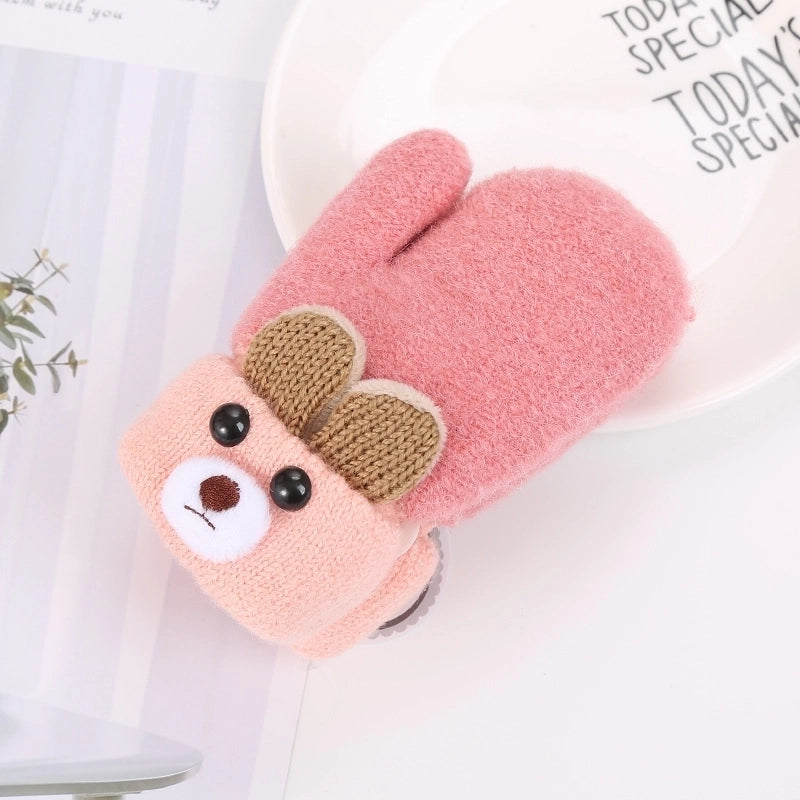 0-3 Years Old Cute Ears Bear Cartoon Children’s Gloves Winter Knitted Wool Double Plus Velvet Padded Warm