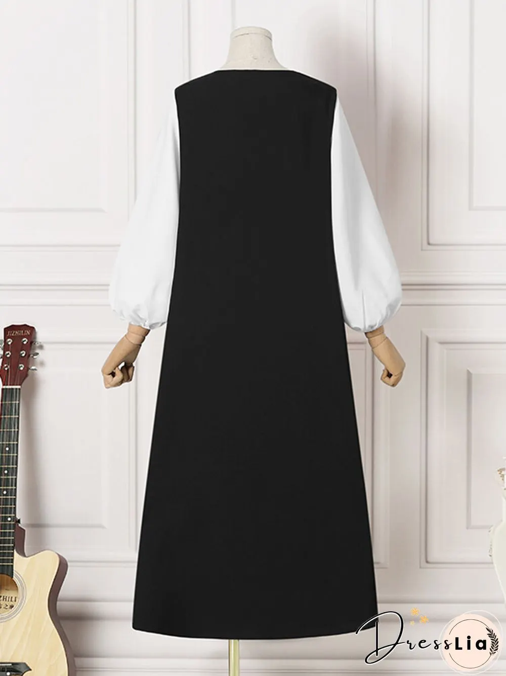Patchwork Pleats V Neck Lantern Sleeve Casual Dress