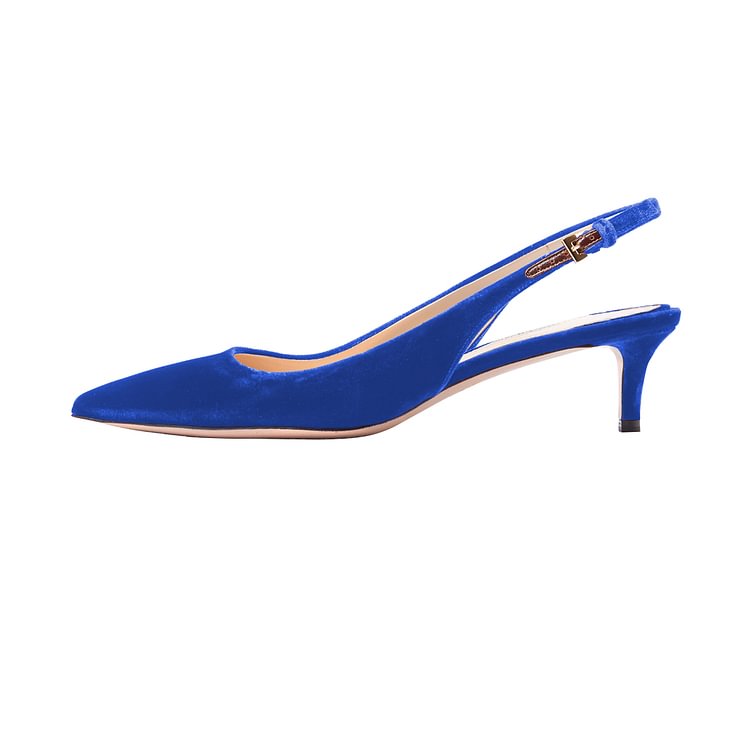 Royal Blue Heels Velvet Slingback Pumps Pointy Toe Kitten Heels Shoes |FSJ Shoes