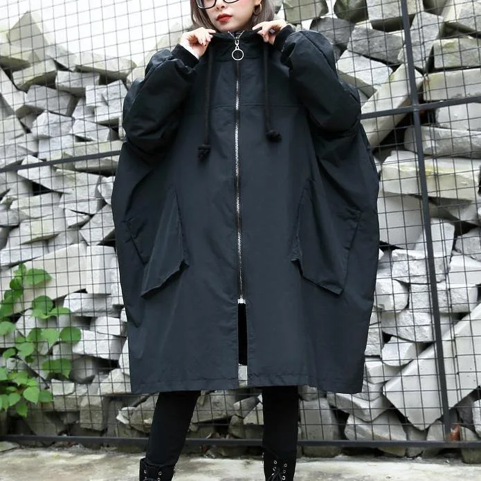 black Winter coat trendy plus size hooded baggy zippered Coats women pockets coats