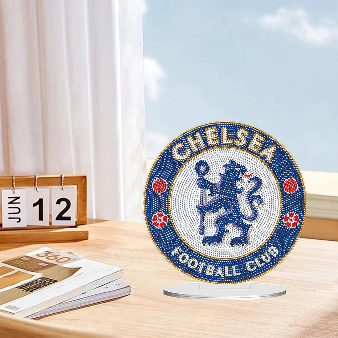5D DIY Chelsea Football Club Acrylic Special Shape Diamond Painting Desktop Ornaments Stand Up 5D Gem Painting Crafts for Home Office Table Top Decor