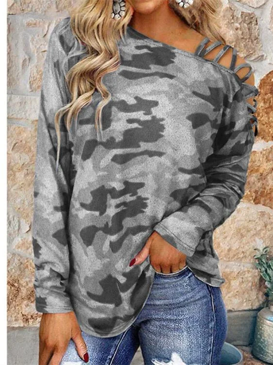 Women's Long Sleeve Cold Shoulder Colorblock Printed Top